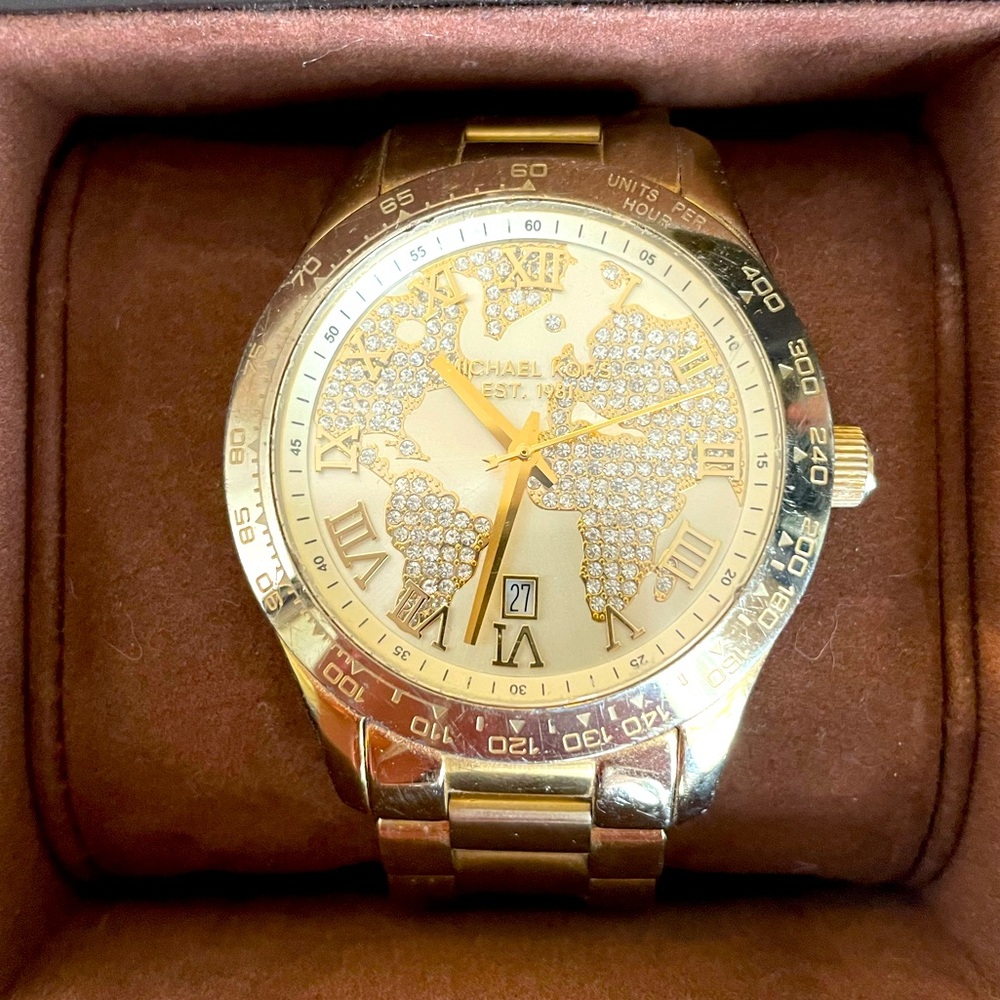 Michael Kors Pave Map Watch in Gold